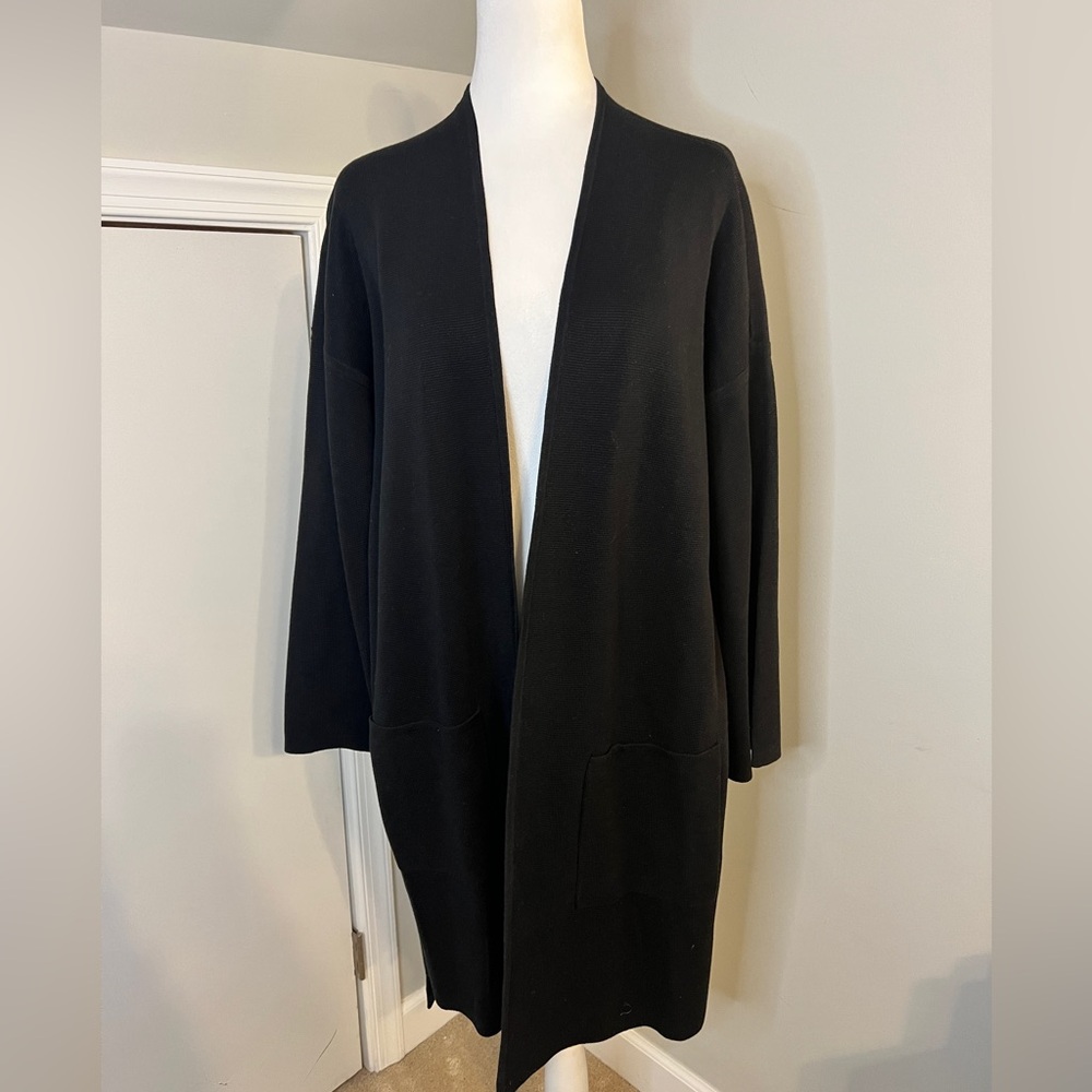 Eileen Fisher Silk & Organic Cotton Interlock Long‎ Cardigan Black Medium - Picture 2 of 10